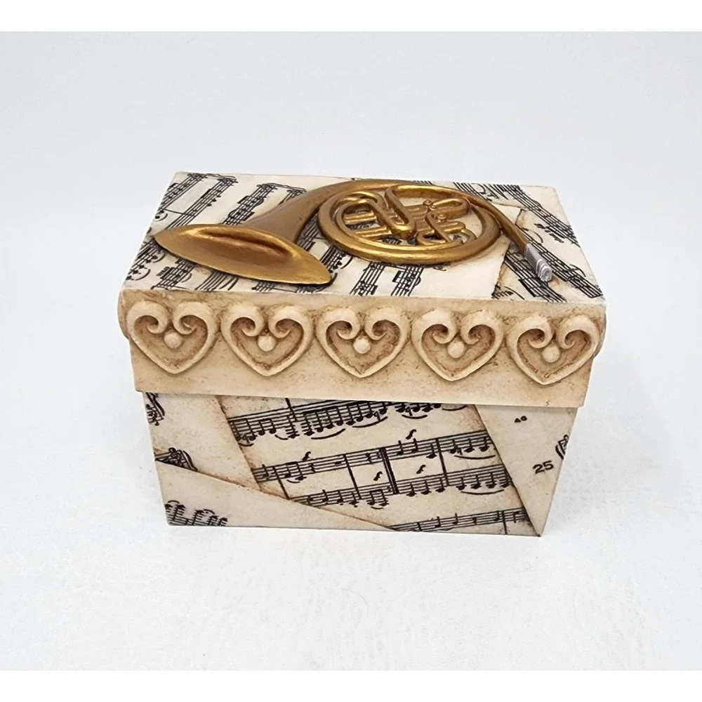 2004 Roman Inc. Trinket Jewelry Music Box French Horn Music Notes Theme 4.75x3